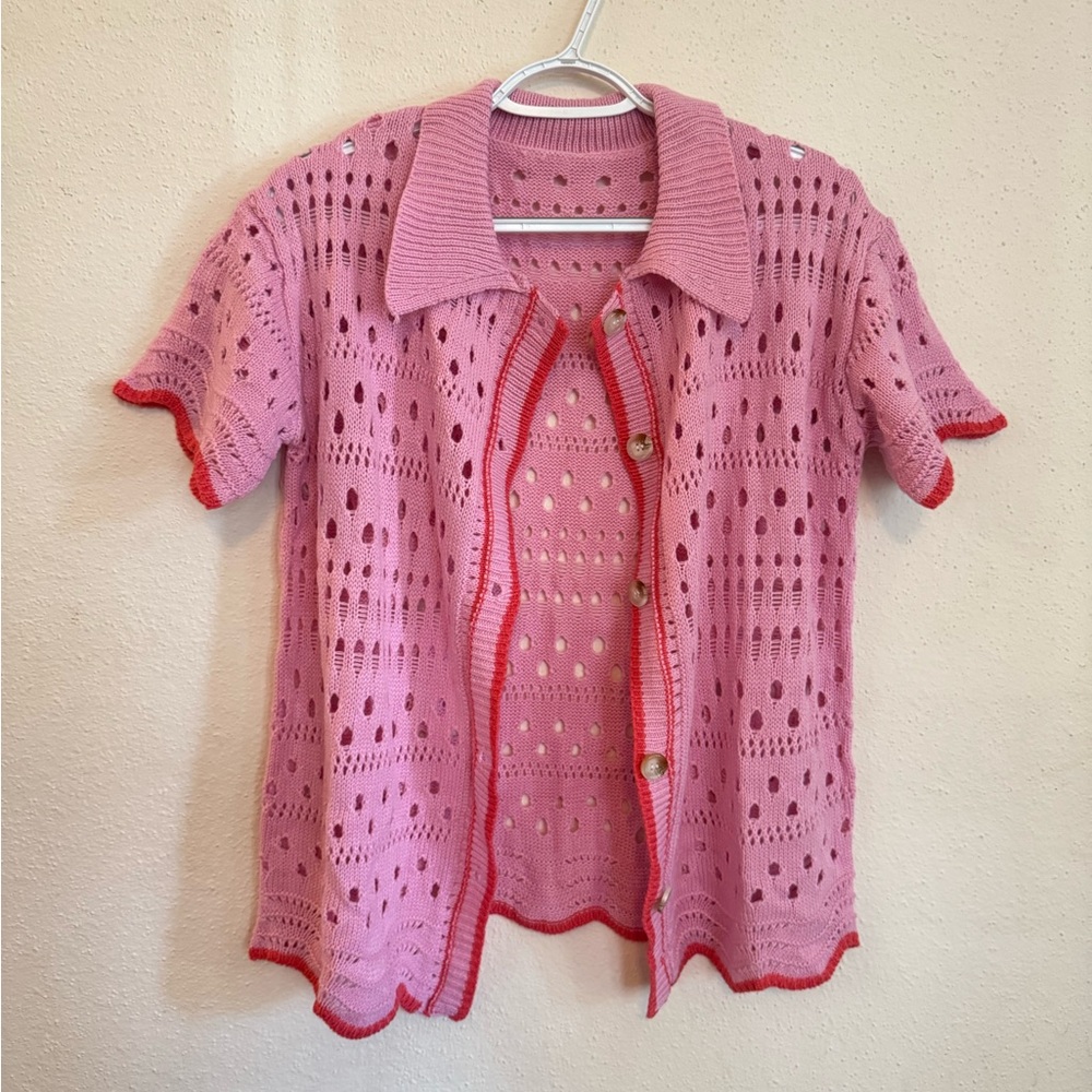 Pink Crochet Cardigan with Red Trim